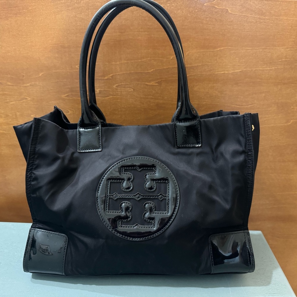 Tory Burch Small Ella Black Patent and Nylon Tote Bag